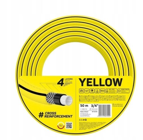 Cellfast Sárga Kerti Tömlő 3/4" (19 mm) 50 m - 4 Rétegű, UV és Algásodás Ellenálló