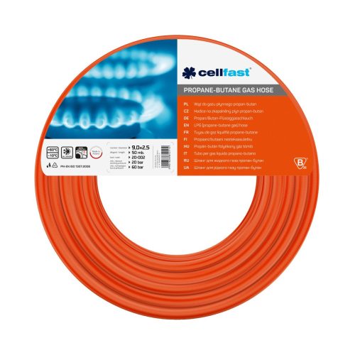 Cellfast Propán-Bután Gáztömlő 9mm x 2,5mm, 50m - Sérülésálló, Tanúsított Biztonság, -10/+60°C, 20 bar