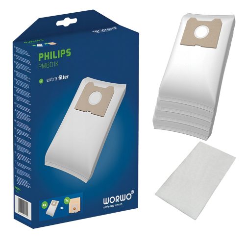 4x szintetikus mikroszálas porzsák + motorvédő szűrő Philips Triathlon 1400, Triathlon 2000, Athena és Duathlon porszívókhoz (PMB01K)