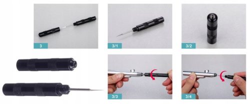 Airbrush tisztító és karbantartó készlet – menettömítő, vízálló zsír, tűk, kulcsok, kefék