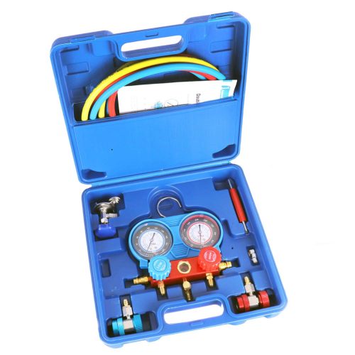 R134a klímateszter készlet manométerrel és gyorscsatlakozókkal
