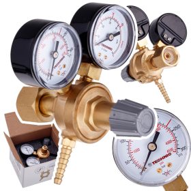   TC Technic MINI sárgaréz gázreduktor argonhoz és CO₂-hez, TIG/MIG/MAG hegesztéshez, 300 bar bemenet, 0–10 bar kimenet, 20 l/perc, 2 nyomásmérő órával