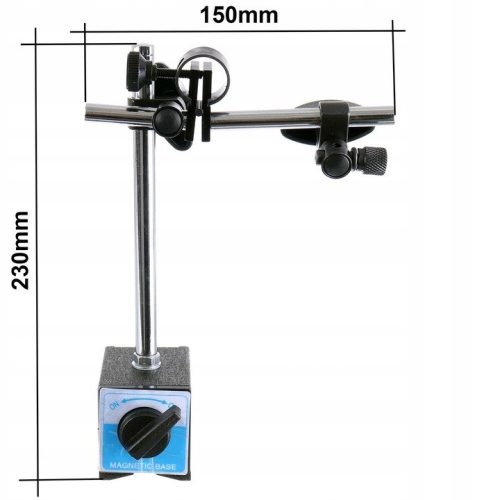 1938S-Standard mágneses KI/BE állítható talpas állvány csapágyas mérőórához, 12/10 mm rúd, 150 mm kar, 8 mm befogó, acél test