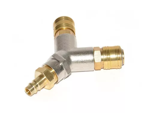 Pneumatikus Y-elosztó készlet 1/2" - 2 db gyorscsatlakozóval + 1 db dugó - Sárgaréz