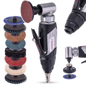   Sűrített levegős, pneumatikus sarokcsiszoló 50 mm-es tárcsához, menetes, 8 db csiszoló-/polírozó tárcsával