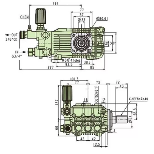 Ipari Főtengelyes Szivattyú + BY-PASS Szelep (200 bar, 13,3 l/perc, 24 mm, 1450 RPM, 5,5 kW)