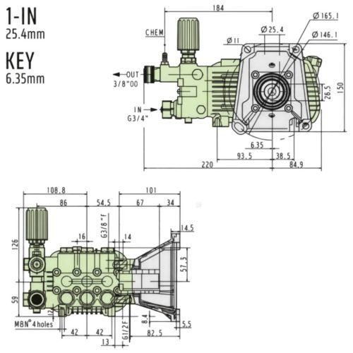 Ipari főtengelyes szivattyú benzinmotorhoz 250 bar - 18,2 l/perc - 3400 RPM - 1" tengely + Karima
