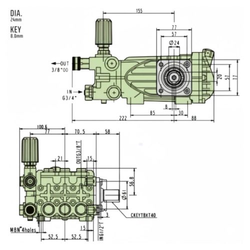 Ipari főtengelyes szivattyú 155 bar - 24 l/perc - 1450 RPM - 24 mm tengely + By-Pass