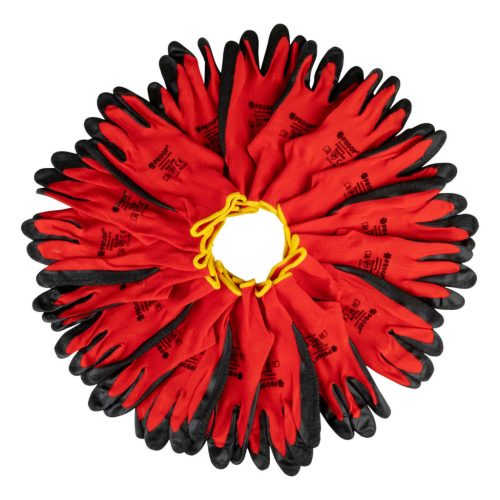 REDWORK Klasszikus Piros Poliészter Kesztyűk Fekete Durva Latex Bevonattal, 1 Pár 10-es méret