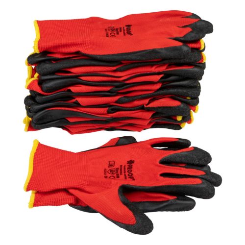 REDWORK Klasszikus Piros Poliészter Kesztyűk Fekete Durva Latex Bevonattal, 1 Pár