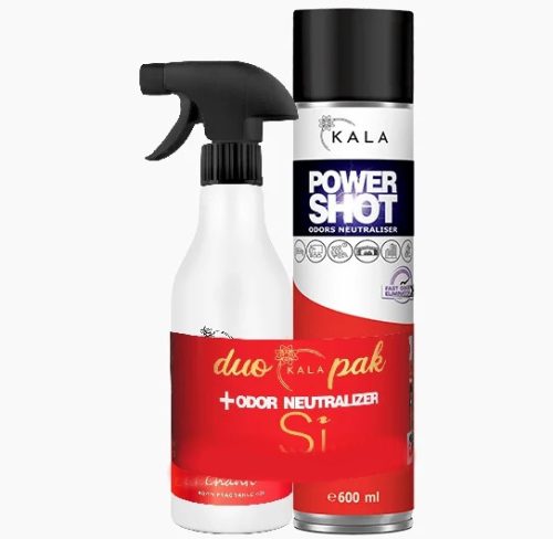 Luxus szagsemlegesítő és légfrissítő spray feketeribizli és frézia illattal (600 ml)+Légpumpás parfüm illatolaj (500 ml) Kala DUO Pack 