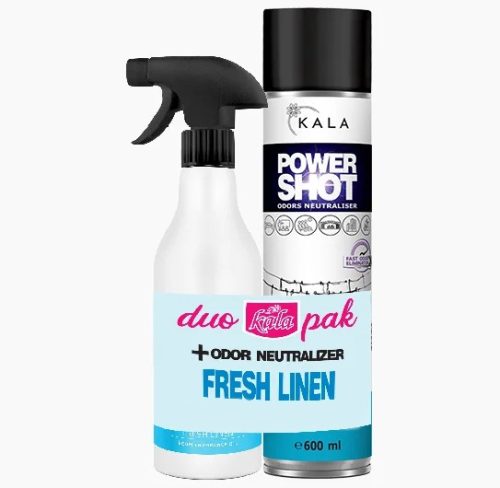 Luxus szagsemlegesítő és légfrissítő  frissen mosott ruha illattal (600 ml)+Légpumpás parfüm illatolaj (500 ml) Kala DUO Pack 
