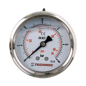   TC Technic glicerines nyomásmérő óra/manométer, 63mm, 1/4" hátsó csatlakozás, 0-6 Bar