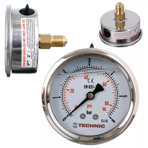 TC Technic glicerines nyomásmérő óra/manométer, 63mm, 1/4" hátsó csatlakozás, 0-6 Bar