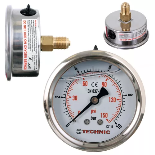 TC Technic glicerines nyomásmérő óra/manométer, 63mm, 1/4" hátsó csatlakozás, 0-10 Bar