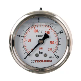   TC Technic glicerines nyomásmérő óra/manométer, 63mm, 1/4" hátsó csatlakozás, 0-16 Bar