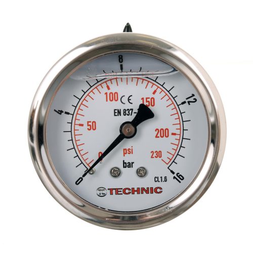 TC Technic glicerines nyomásmérő óra/manométer, 63mm, 1/4" hátsó csatlakozás, 0-16 Bar