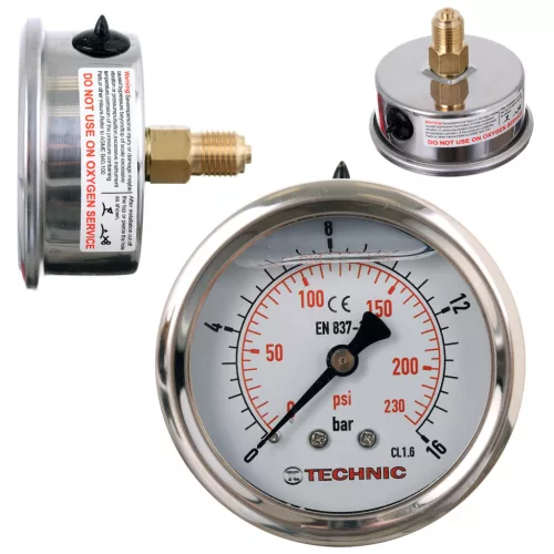 TC Technic glicerines nyomásmérő óra/manométer, 63mm, 1/4" hátsó csatlakozás, 0-16 Bar