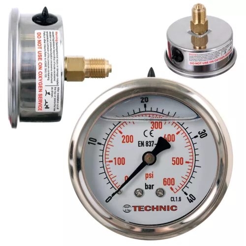 TC Technic glicerines nyomásmérő óra/manométer, 63mm, 1/4" hátsó csatlakozás, 0-40 Bar