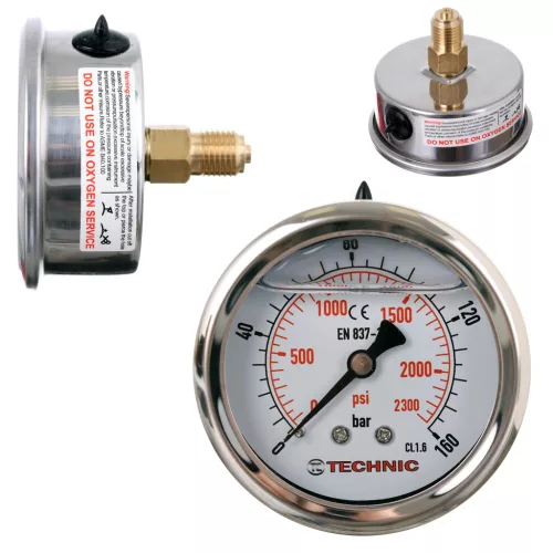 TC Technic glicerines nyomásmérő óra/manométer, 63mm, 1/4" hátsó csatlakozás, 0-160 Bar