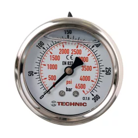   TC Technic glicerines nyomásmérő óra/manométer, 63mm, 1/4" hátsó csatlakozás, 0-300 Bar