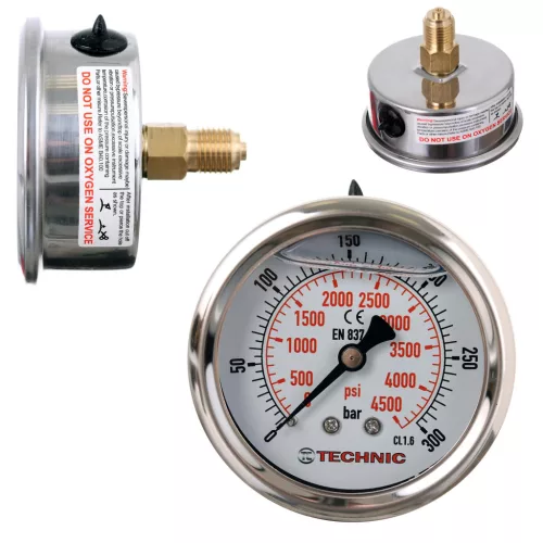 TC Technic glicerines nyomásmérő óra/manométer, 63mm, 1/4" hátsó csatlakozás, 0-300 Bar