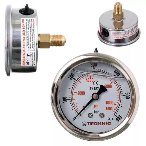 TC Technic glicerines nyomásmérő óra/manométer, 63mm, 1/4" hátsó csatlakozás, 0-600 Bar