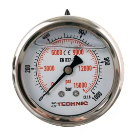   TC Technic glicerines nyomásmérő óra/manométer, 63mm, 1/4" hátsó csatlakozás, 0-1000 Bar
