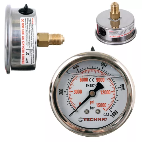 TC Technic glicerines nyomásmérő óra/manométer, 63mm, 1/4" hátsó csatlakozás, 0-1000 Bar