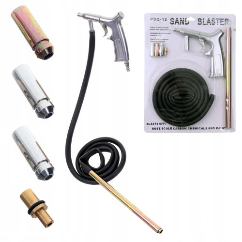 Pneumatikus homokszóró pisztoly, homokfúvó, 4 fúvókával, tömlővel (homok felszívó tömlővel)