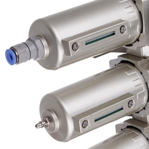 Precíziós levegő előkészítő állomás 3x Festékszűrő - 5µm, 0,3µm, 0,01µm, 1/2"menetes csatlakozással, gyorscsatlakozókkal (Levegő előkészítő blokk)