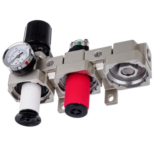 Precíziós levegő előkészítő állomás 3x Festékszűrő - 5µm, 0,3µm, 0,01µm, 1/2"menetes csatlakozással, gyorscsatlakozókkal (Levegő előkészítő blokk)