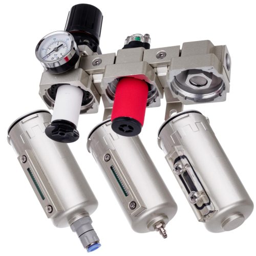 Precíziós levegő előkészítő állomás 3x Festékszűrő - 5µm, 0,3µm, 0,01µm, 1/2"menetes csatlakozással, gyorscsatlakozókkal (Levegő előkészítő blokk)