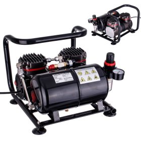   Kétdugattyús, 6 bar-os, 3 literes tartályos, 250W teljesítményű Airbrush kompresszor reduktorral és szűrővel