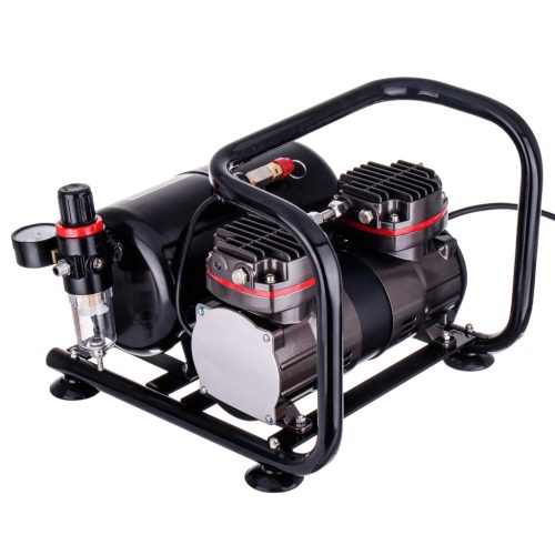 Kompakt, hordozható kétdugattyús airbrush kompresszor szűrővel, nyomásszabályzóval, tartállyal, 6 bar  TC-90F