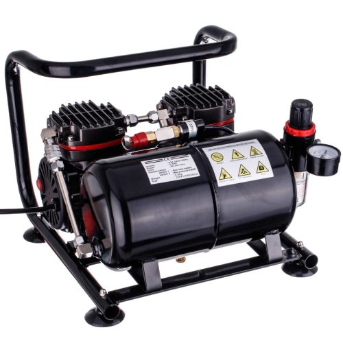 Kompakt, hordozható kétdugattyús airbrush kompresszor szűrővel, nyomásszabályzóval, tartállyal, 6 bar  TC-90F