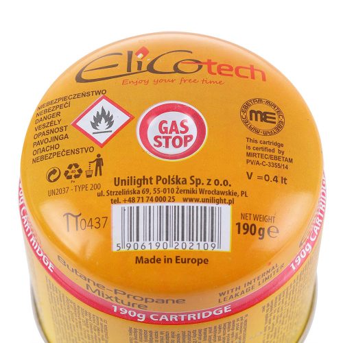 Gázpatron égőfejekhez 7/16" propán-bután elico camp 190g (átszakadó fedeles)