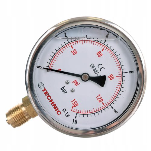 TC Technic 100mm Glicerin Töltetű Nyomásmérő - 0-10 bar, Alsó Rögzítés 1/2"