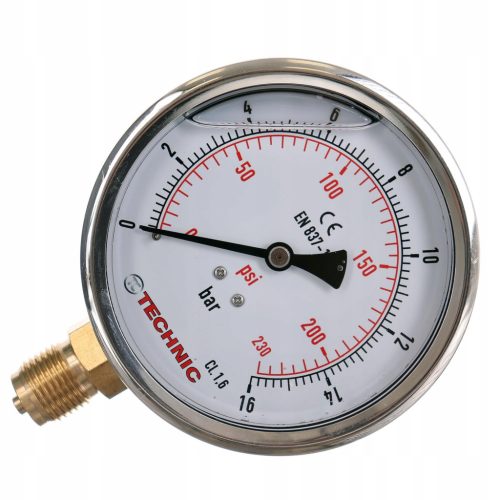 100mm Glicerin Töltetű Manométer 0-16 Bar, 1/2" Alsó Rögzítés