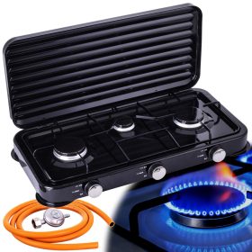   Hordozható Camping gáztűzhely 3 égővel - nagy 11 kg-os gázpalackokhoz 2 méteres bekötőcsővel és nyomásszabályzóval - fekete
