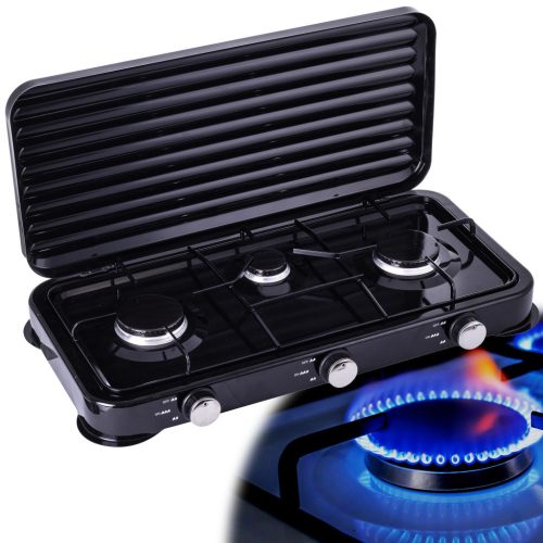 Hordozható Camping gáztűzhely 3 égővel - nagy 11 kg-os gázpalackokhoz 2 méteres bekötőcsővel és nyomásszabályzóval - fekete