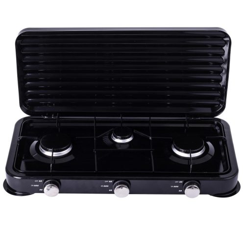 Hordozható Camping gáztűzhely 3 égővel - nagy 11 kg-os gázpalackokhoz 2 méteres bekötőcsővel és nyomásszabályzóval - fekete