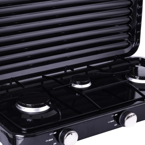 Hordozható Camping gáztűzhely 3 égővel - nagy 11 kg-os gázpalackokhoz 2 méteres bekötőcsővel és nyomásszabályzóval - fekete