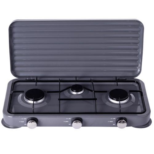 Hordozható Camping gáztűzhely 3 égővel - nagy 11 kg-os gázpalackokhoz 2 méteres bekötőcsővel és nyomásszabályzóval - szürke