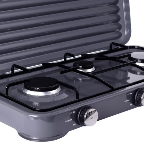 Hordozható Camping gáztűzhely 3 égővel - nagy 11 kg-os gázpalackokhoz 2 méteres bekötőcsővel és nyomásszabályzóval - szürke