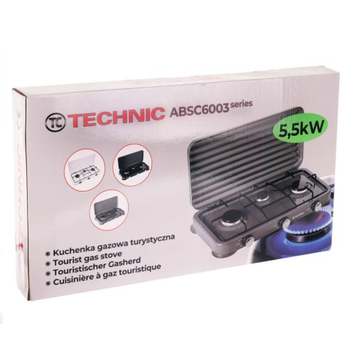 Hordozható Camping gáztűzhely 3 égővel - nagy 11 kg-os gázpalackokhoz 2 méteres bekötőcsővel és nyomásszabályzóval - szürke