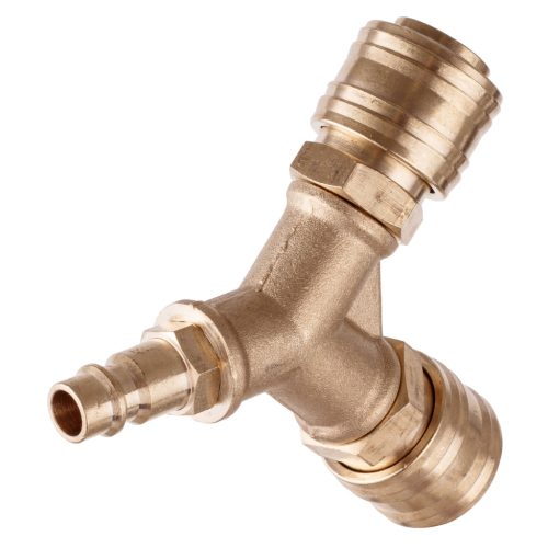 Pneumatikus levegőelosztó, gyorscsatlakozó T-idom sárgaréz 1/4"-os csatlakozással