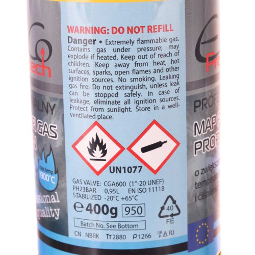 Professzionális gáz 2300 °C  MAP PROFI GAS Propilén ElicoProfitech MAPP 1" 400G  