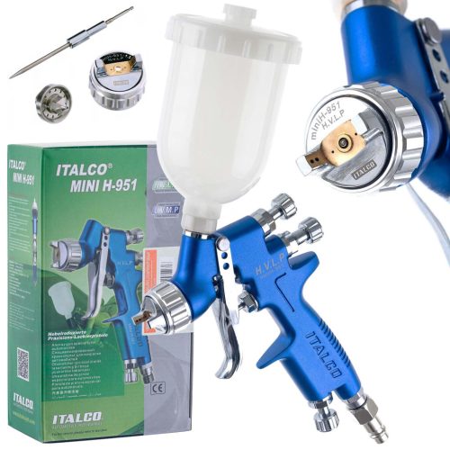Mini HVLP Festékszóró Pisztoly ITALCO H-951 1,2mm és 1,0mm, 250ml tartály kapacitás, 2,5 bar nyomás