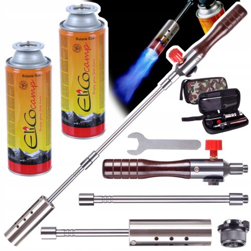 Szétszedhető gázégő fa nyéllel szövet tokban +  2 db EliCo 220g gázpatron TC Technic UP309-2_60220